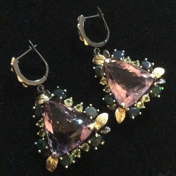 Breathtaking Genuine Amethyst & Black Opal Earrings, combined 53 CTW ! - Picture 2 of 11
